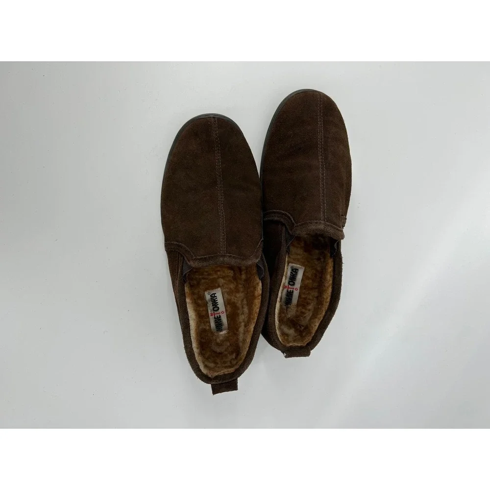 Minnetonka Suede Slippers Mens 12 Brown Excellent Faux Fur Lined Slip On 41622